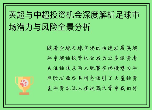 英超与中超投资机会深度解析足球市场潜力与风险全景分析